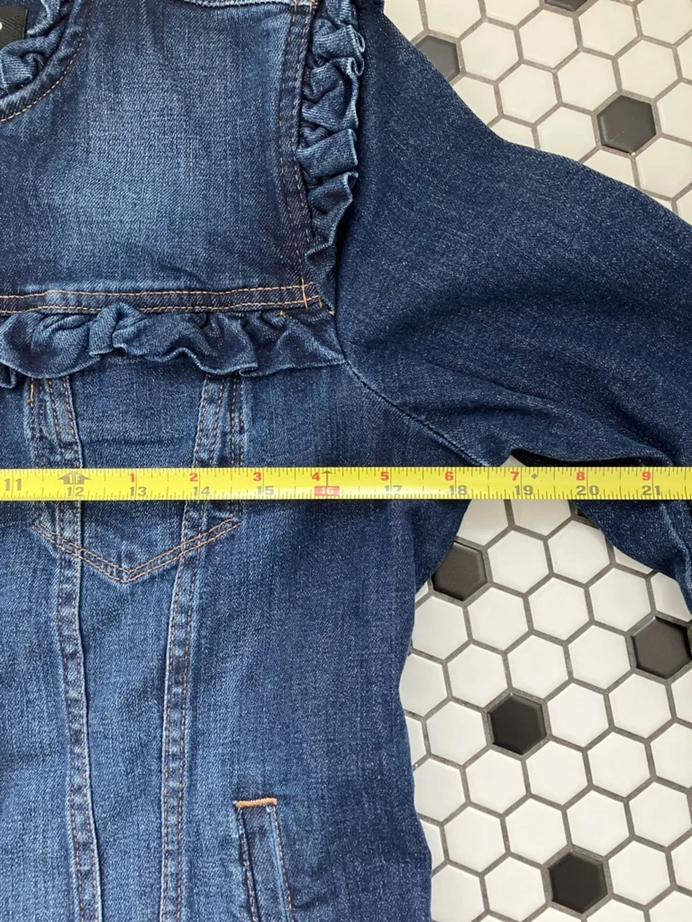 Whimsical Karl Lagerfeld Paris Dark Blue Ruffle-Trim Denim Jacket Sz. Small - Picture 10 of 15